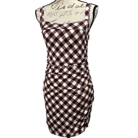 Urban Outfitters Clair’s Brown Checkered Ruched Mini Dress Sz Medium Square-neck - Picture 1 of 9